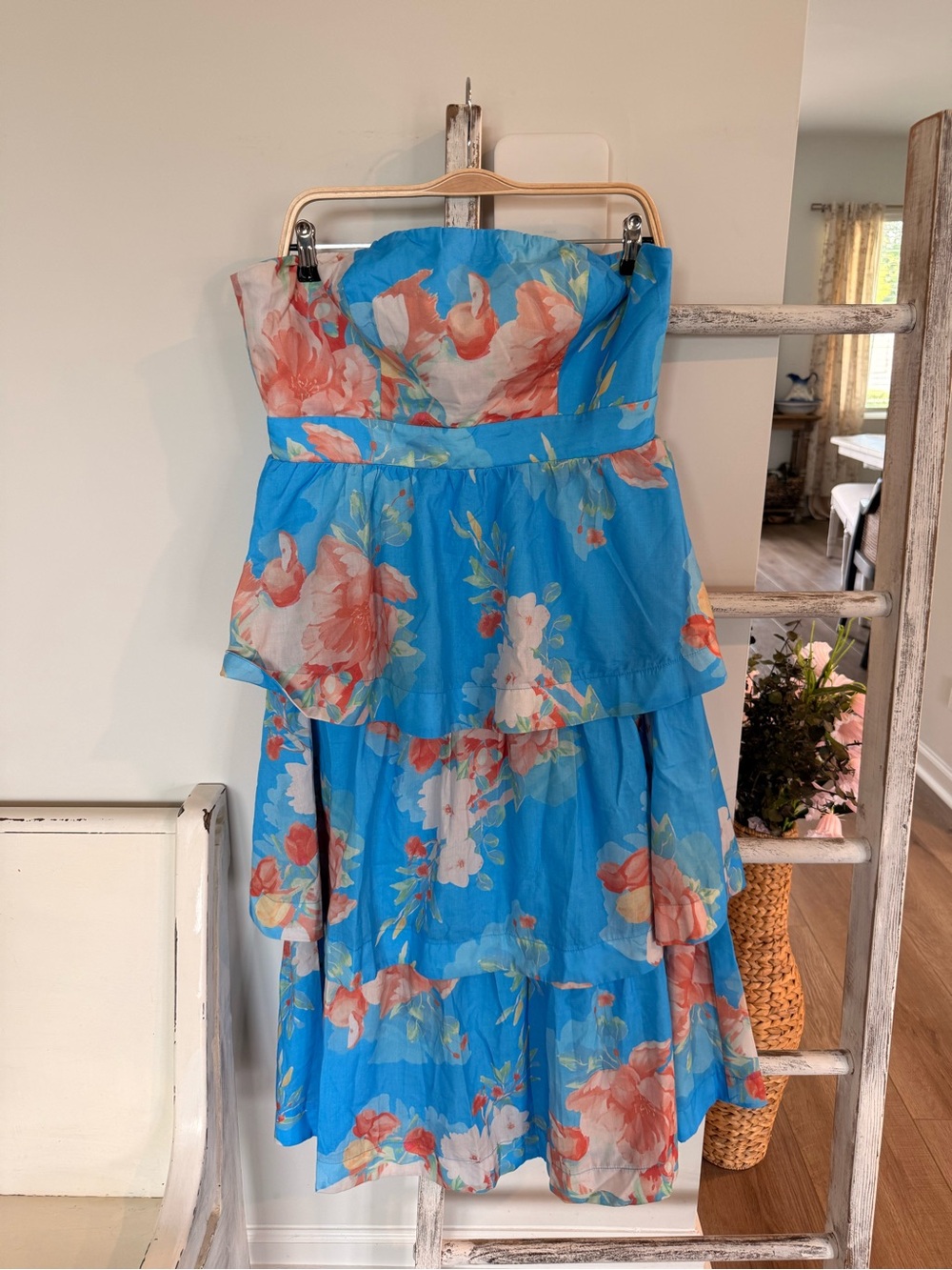 MIKA & GALA Outshine Strapless Tiered Midi Dress Floral Blue XL Midi EUC